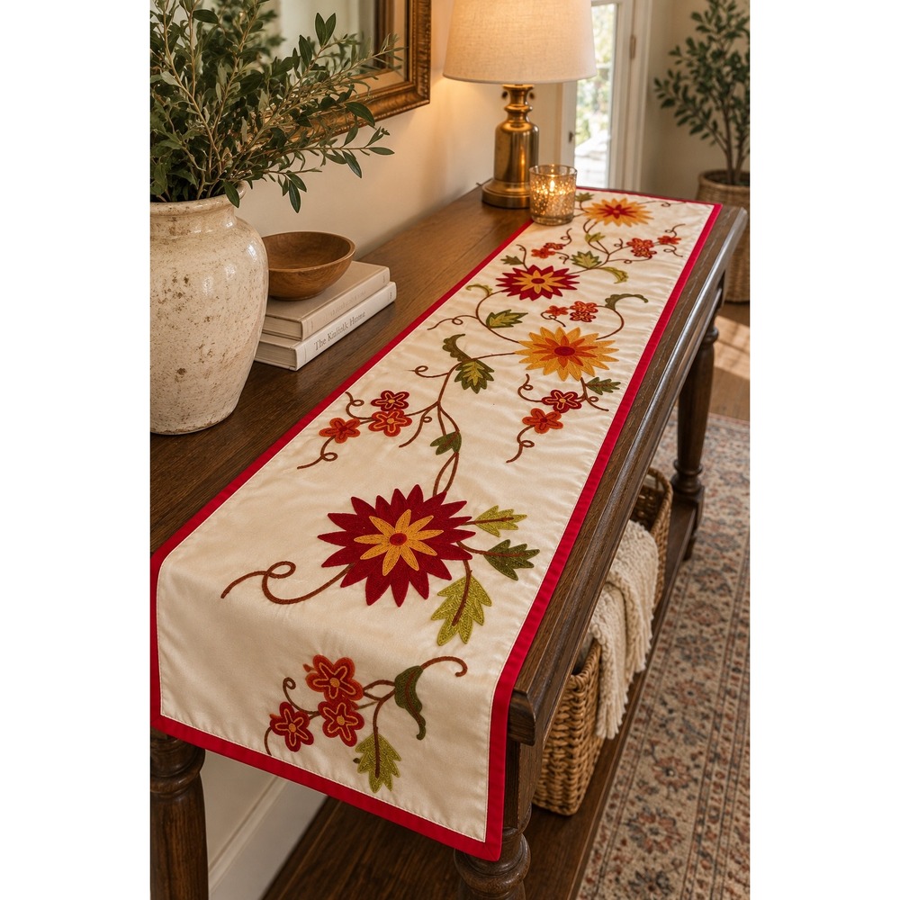Floral Embroidered Table Runner Ivory Red Orange Boho Chain Stitch 13.5" Wide